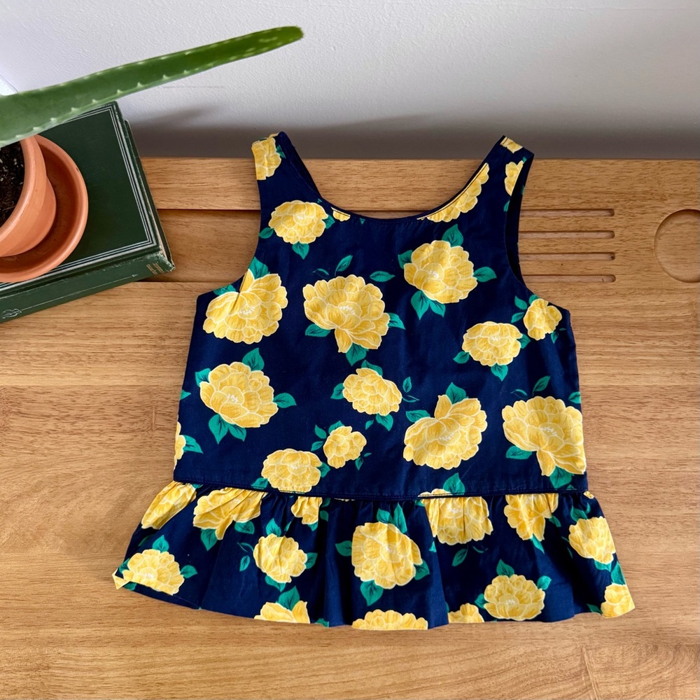 Janie and Jack Floral Peplum Top Navy Yellow Roses Cottagecore Girls 4 Bow Back